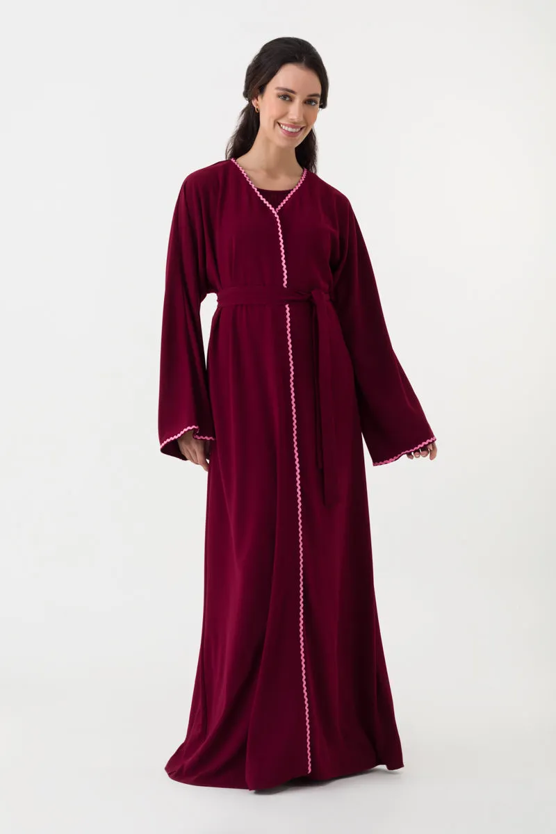 Dark Red Open Abaya with Belt