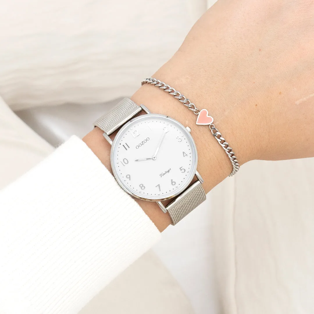 Silver coloured OOZOO watch with silver coloured metal mesh bracelet - C20340