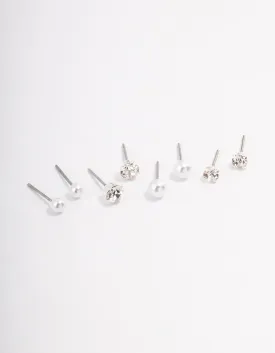 Silver Pearl & Diamante Stud Earrings 4-Pack